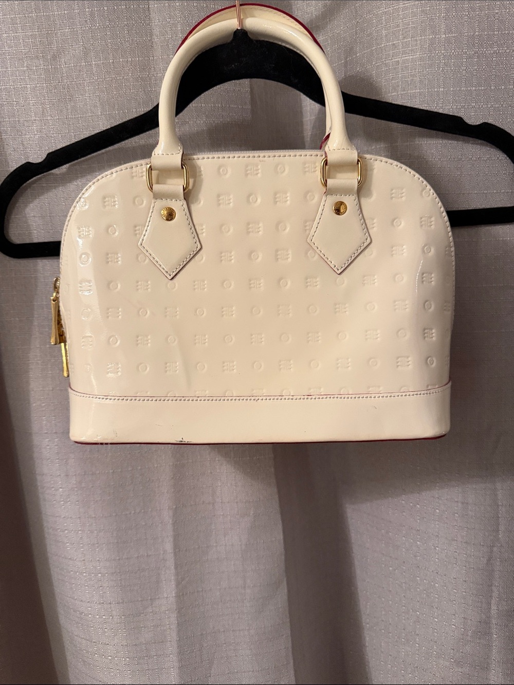 Arcadia Cream Patent Dome Satchel with Red Trim